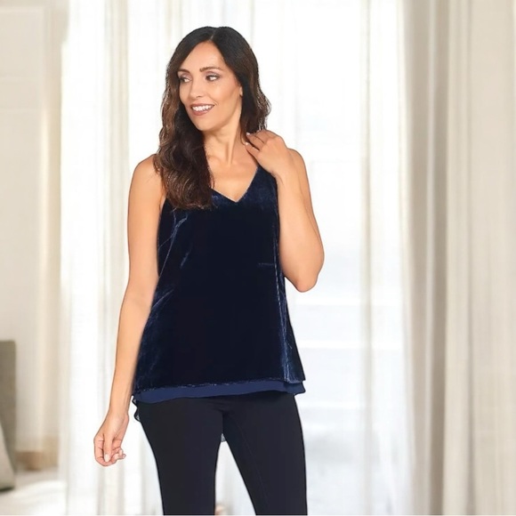Navy Velvet Tank with‎ Chiffon Trim - Picture 1 of 6